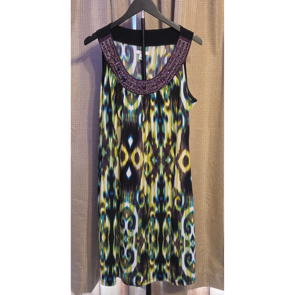 Cato Sleeveless Abstract Pattern Shift Dress Women's Large Multicolor Gem‎ Neck